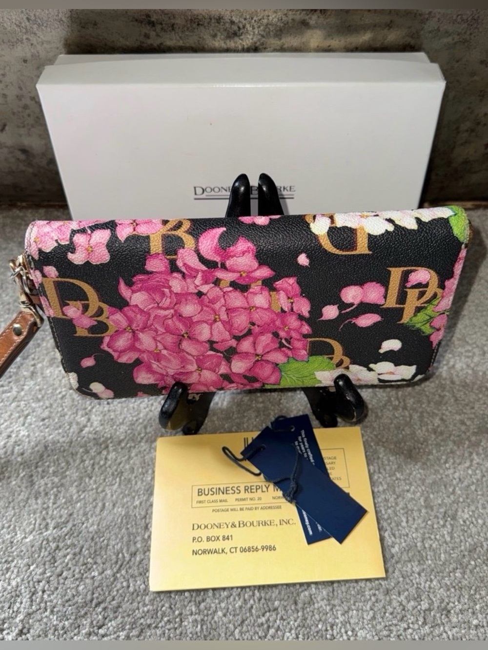 Dooney & Bourke Black Signature Hydrangea zip around wristlet/wallet